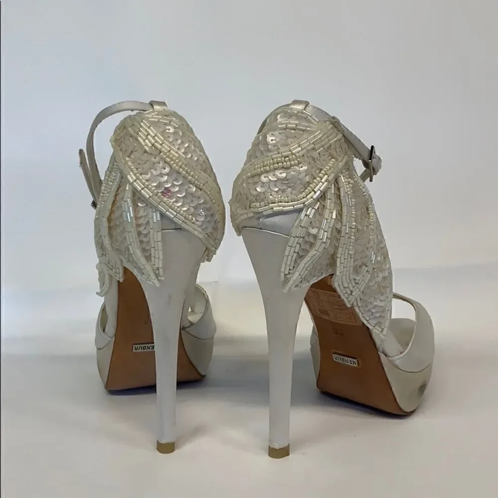 Menbur 1967 Satin Peep Toe Jeweled Platform Heels